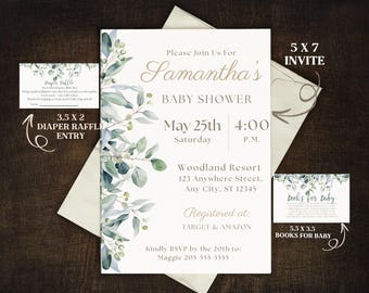 Paquete de invitaciones para baby shower de eucalipto • Plantilla editable de Canva • Invitación de 5x7, tarjeta para rifa de pañales y libros para tarjeta de bebé • Descarga instantánea