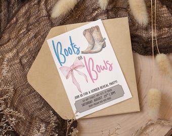 Invitación para revelar el género con botas o lazos / Plantilla Canva de 5x7 / Invitación editable para baby shower de estilo occidental / Descarga digital instantánea