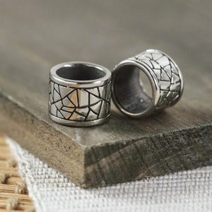 Stainless Steel Mosaic Column Beads: 11mm, Silver Geometric Pattern (2 Pieces) D22