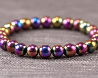 Bracciale elasticizzato con pietra preziosa CUSTOM da 6 mm, 8 mm o 10 mm in ematite arcobaleno SCEGLI la taglia da 6 "a 8,5"