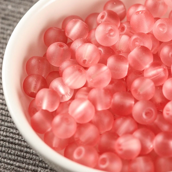 Salmon Pink Glass Frosted Round Loose Beads CHOOSE 6mm or 8mm Hole ~1.3mm