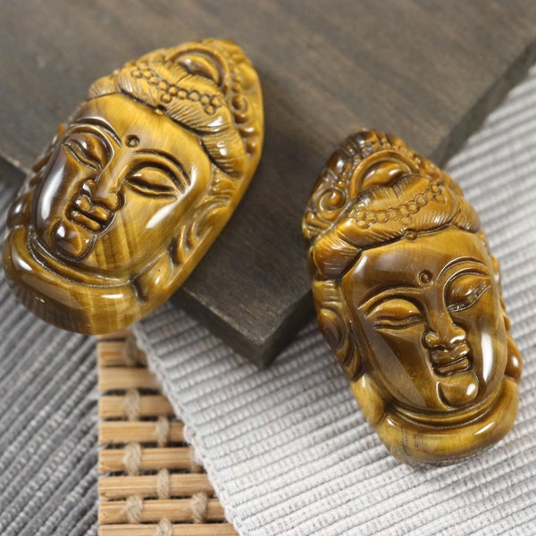 Tiger's Eye Buddha Head 1 Piece Gemstone Large Pendant 42mm x ~23mm x ~11mm Hole: 1mm D82