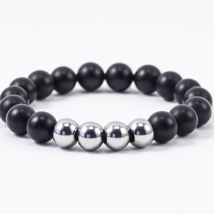 Matte Black Onyx & Stainless Steel Beaded Bracelet - Custom Size
