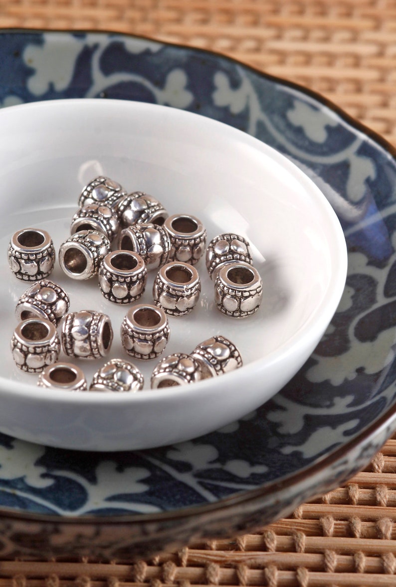 Lot of 10 Pieces Antique Silver Tone Alloy 6mm Ridged Round Beads Large Hole 1mm