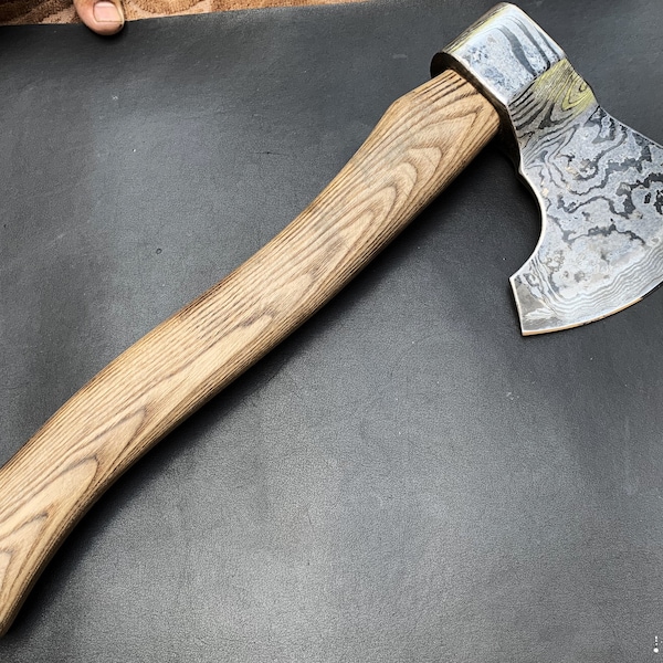 Handcrafted Viking-Inspired Axe with 3 Layers Sandwich Damascus Steel , Ash Wood Bullet Loop, and Brown Leather Sheath