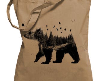 Forrest Bear  - Jutebeutel Turnbeutel - Stoffbeutel Hipster Sportbeutel Rucksack Tasche Bär Grizzly Birds Nature mit Motiv bedruckt Tote Bag