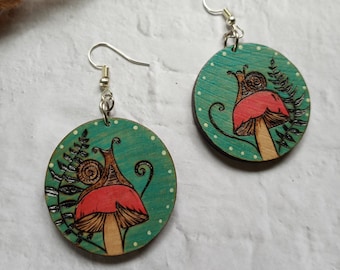 Handmade cute snail and mushroom dangle drop wood earrings Mushroom gifts for mom Cottagecore woodland Nature lover Quirky Funky Earrings