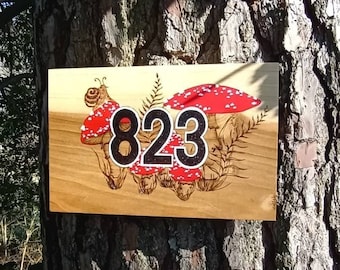 Whimsical house number sign House number with toadstool Mushroom house number sign Custom made address plaque Woodland themed address plaque