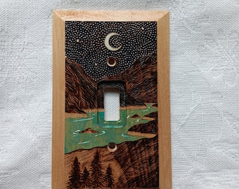 Woodburned and painted by hand Mountain Landscape Light Switch Cover Whimsical Home Decor Functional art