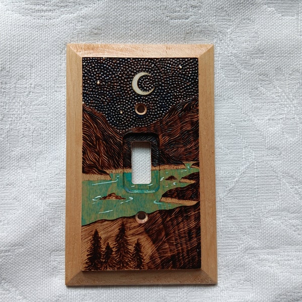 Single light switch cover Unique mountain landscape nature switch plate cover wood 1 toggle light switch Whimsical switch plate