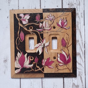 2 toggle botanical light switch cover unique Floral handpainted switch plate cover wood Double light switch cover