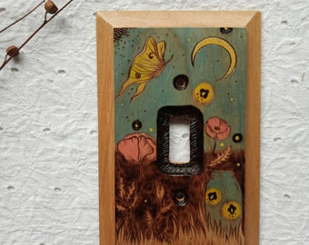 Botanical Woodburned Light Switch Cover: Fireflies & Luna Moth
