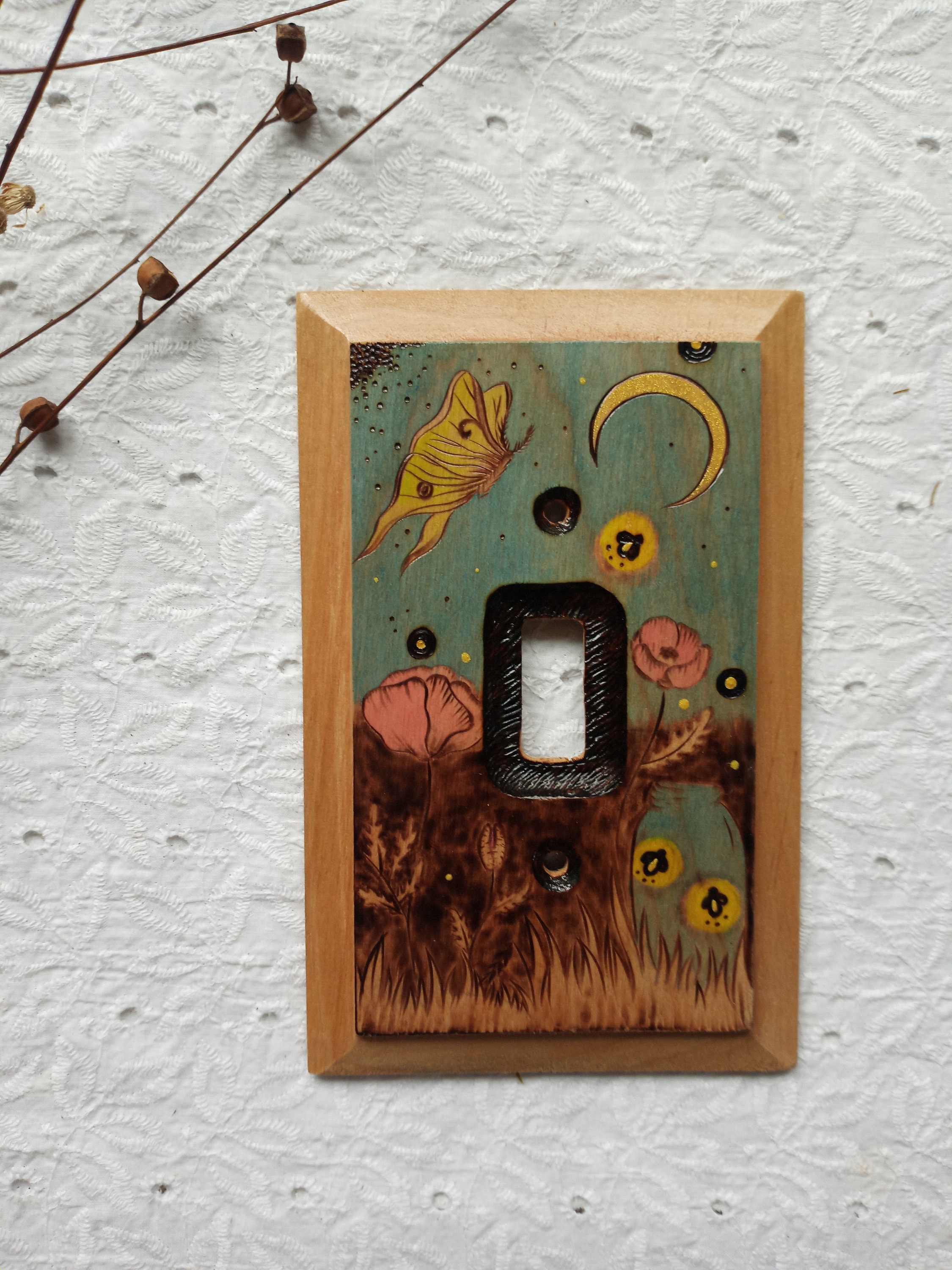 Botanical Woodburned Light Switch Cover: Fireflies & Luna Moth