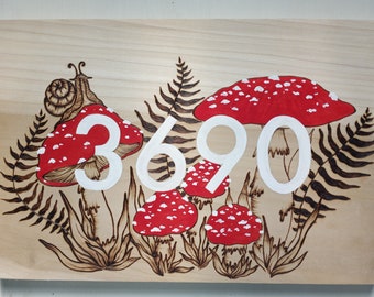 Whimsical house number sign Mushrooms Custom Woodland theme address plaque Address numbers cottage Cute address House numbers horizontal