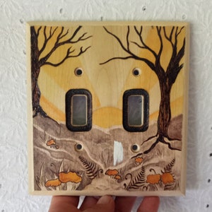 Double mushroom light switch cover Unique Woodland decor Handpainted nature switch plate cover wood 2 toggle Whimsical switch plate