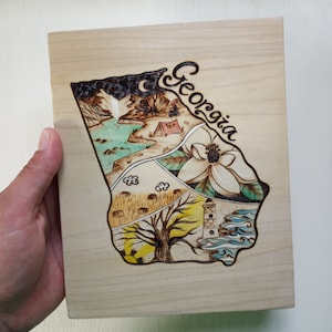 State wood wall art Georgia nature State map with flowers mountains ocean shore Georgia magnolia flower Home state floral decor