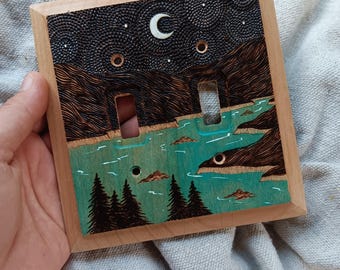 Botanical Wood Double Toggle Light Switch Cover: Mountain Landscape
