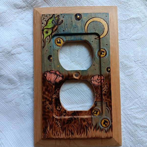 Botanical outlet cover  Unique Wood floral light switch Fireflies lights decor Fireflies functional art Whimsical switchplate cover