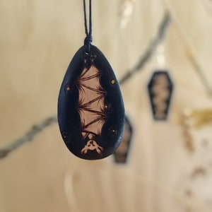 Handmade teardrop Hanging bat wood necklace gothic jewelry for women Halloween statement bat necklace Bat coffin pendant Spooky sleeping bat
