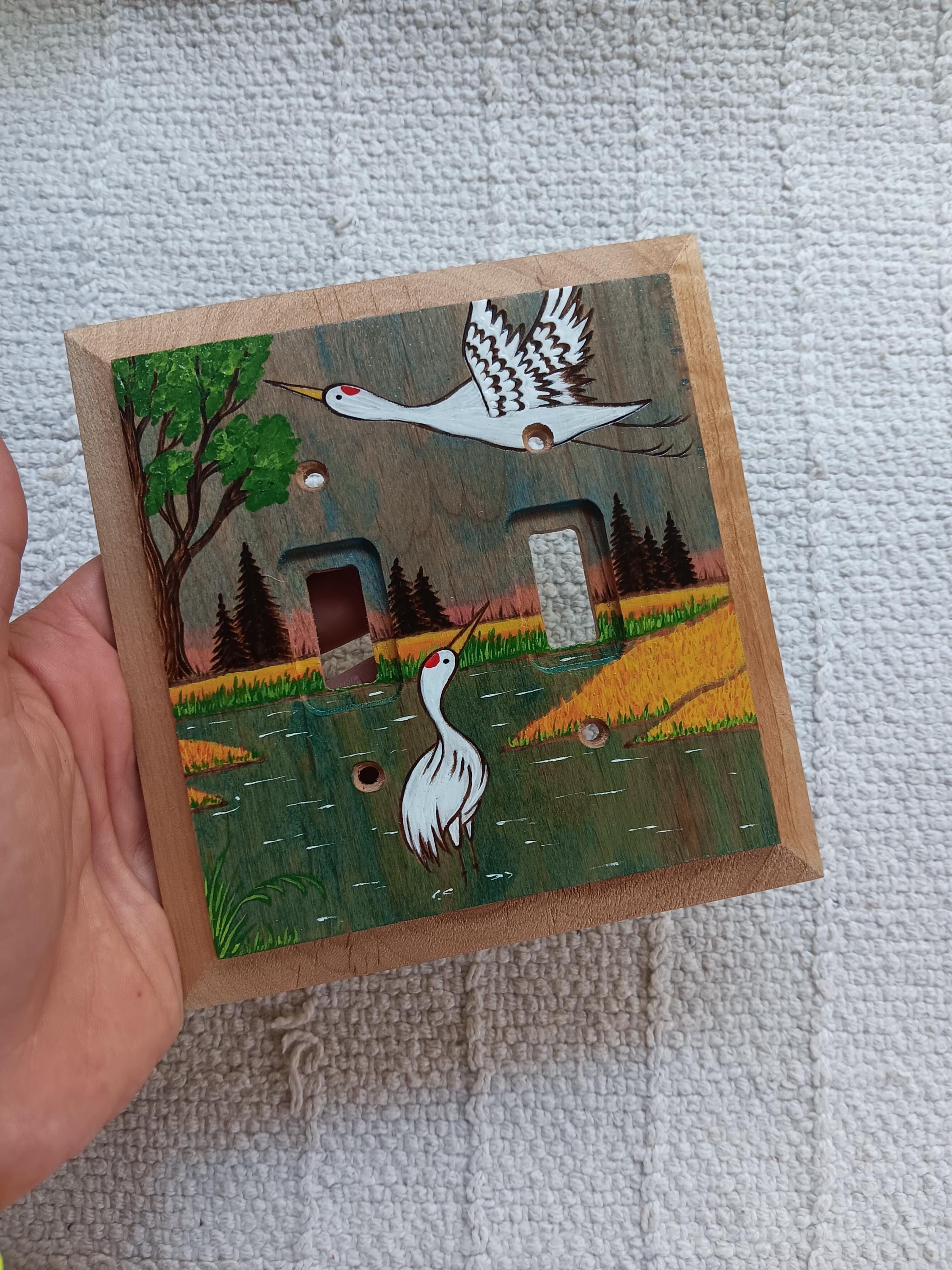 Light switch cover Unique crane wall art painting landscape nature switch plate cover wood lightswitch plate Sandhill crane in flight art