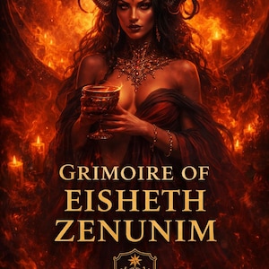 May include: Digital art of a woman with dark hair and horns, holding a chalice. The image features the text "Grimoire of Eisheth Zenunim" and the Tera Incognita Academy logo, set against a fiery background.