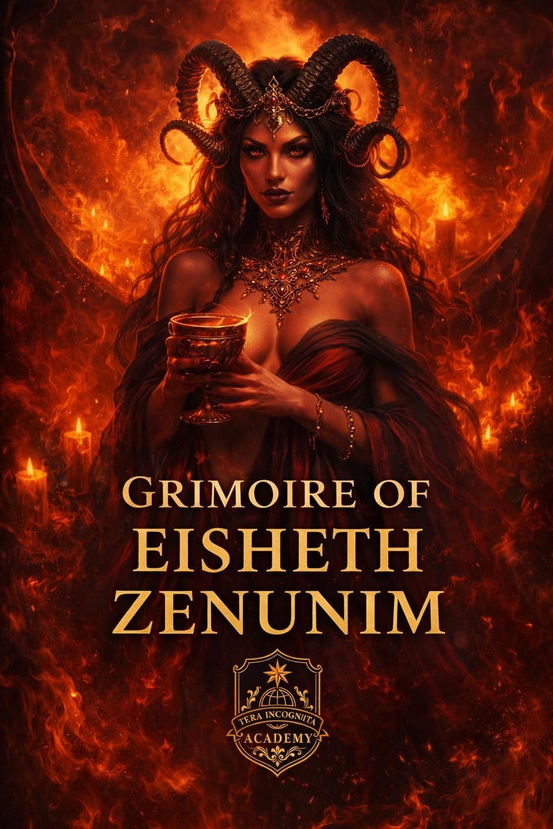 May include: Digital art of a woman with dark hair and horns, holding a chalice. The image features the text "Grimoire of Eisheth Zenunim" and the Tera Incognita Academy logo, set against a fiery background.