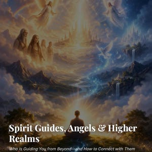 May include: A book cover featuring a celestial scene with angels, clouds, and a city in the sky. The title "Spirit Guides, Angels & Higher Realms" is displayed prominently. The image evokes a sense of spirituality and guidance.