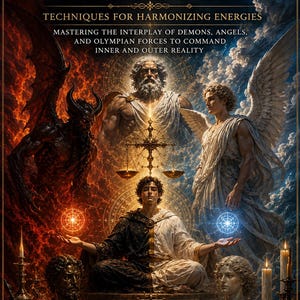 May include: The Balance Handbook book cover features a central figure meditating between a demon and an angel. Above, a bearded deity oversees a golden scale. The text reads: The Balance Handbook, Techniques for Harmonizing Energies, Mastering the Interplay of Demons, Angels, and Olympian Forces to Command Inner and Outer Reality, Rhyan Hyroc, Master Teacher, Terra Incognita Academy.