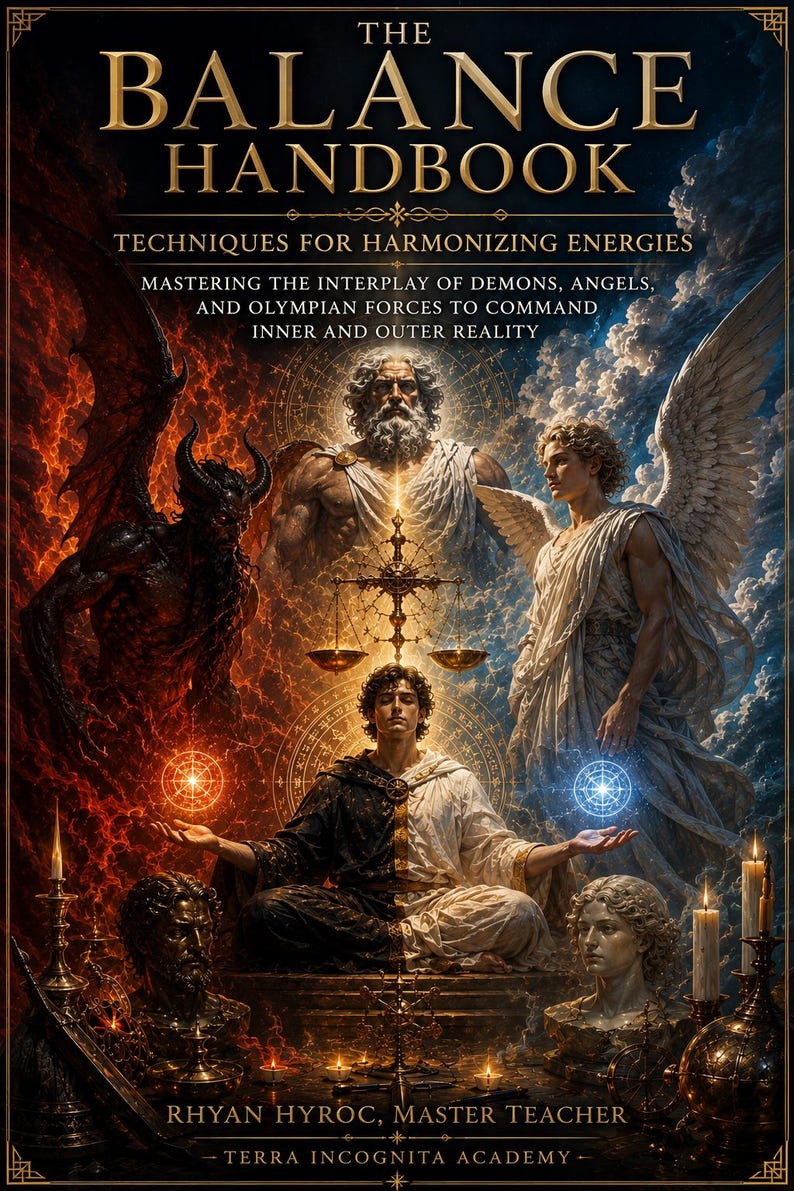May include: The Balance Handbook book cover features a central figure meditating between a demon and an angel. Above, a bearded deity oversees a golden scale. The text reads: The Balance Handbook, Techniques for Harmonizing Energies, Mastering the Interplay of Demons, Angels, and Olympian Forces to Command Inner and Outer Reality, Rhyan Hyroc, Master Teacher, Terra Incognita Academy.