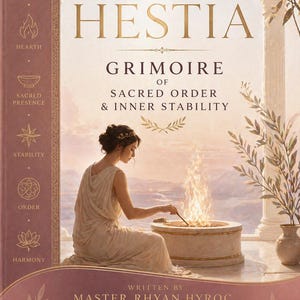 Può includere: Una copertina di libro intitolata Greek Goddess Hestia Grimoire of Sacred Order & Inner Stability scritta da Master Rhyan Hyroc. La copertina presenta un'illustrazione di una persona in tunica bianca che accudisce un fuoco in un focolare di pietra, con una barra laterale che elenca Home, Hearth, Sacred Presence, Stability, Order e Harmony.