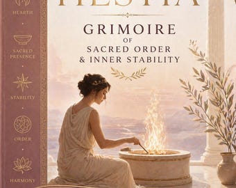 May include: A book cover titled Greek Goddess Hestia Grimoire of Sacred Order & Inner Stability written by Master Rhyan Hyroc. The cover features a person in a white robe tending a fire in a stone hearth, with a column and plant to the right.