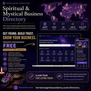May include: A dark purple promotional graphic for the Worldwide Directory of Spiritual & Mystical Businesses. It features a laptop and smartphone displaying the website interface, a world map with location pins, and text detailing business registration.