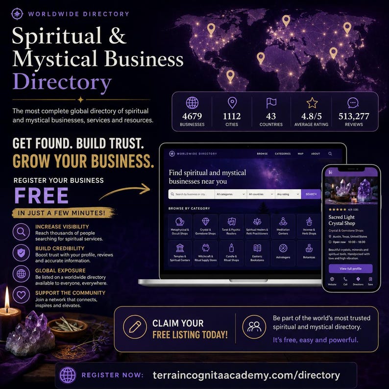 May include: A dark purple promotional graphic for the Worldwide Directory of Spiritual & Mystical Businesses. It features a laptop and smartphone displaying the website interface, a world map with location pins, and text detailing business registration.