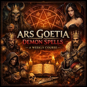 Może przedstawiać: Grafika cyfrowa promująca "ARS GOETIA DEMON SPELLS - A WEEKLY COURSE". Obraz przedstawia demoniczne postacie, pentagram, otwartą księgę, świece i czaszkę. Paleta barw zdominowana jest przez ciemne czerwienie, pomarańcze i złoto, tworząc mistyczną atmosferę.
