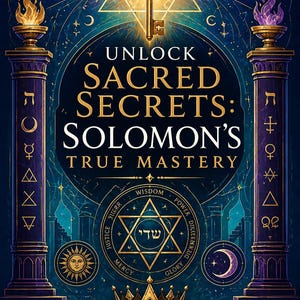 May include: A book cover titled UNLOCK SACRED SECRETS: SOLOMON'S TRUE MASTERY BY RHYAN HYROC MASTER OF THE TERRA INCOGNITA ACADEMY. The design features a gold key, a star, a crown, two purple pillars with symbols, and sun and moon icons.