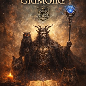 May include: Digital artwork featuring the text "BARBATOS GRIMOIRE" above a horned figure holding a glowing staff. An owl, two wolves, an open book, and a lit candle are also depicted. The image has a fantasy theme.