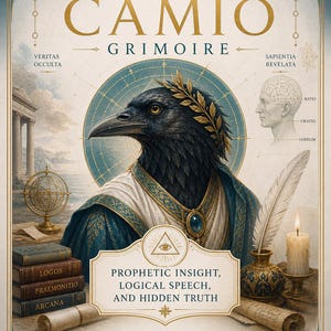 May include: A detailed illustration of a book cover titled "Demon Camio Grimoire." The cover features a raven wearing a laurel wreath and a robe. Text includes "Prophetic Insight, Logical Speech, and Hidden Truth."
