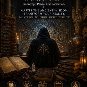 May include: A poster for Terra Incognita Academy featuring a hooded figure facing a glowing geometric wall. Text includes: Knowledge. Power. Transformation. Master the ancient wisdom. Transform your reality. 265+ courses, 705+ spirits, endless possibilities.