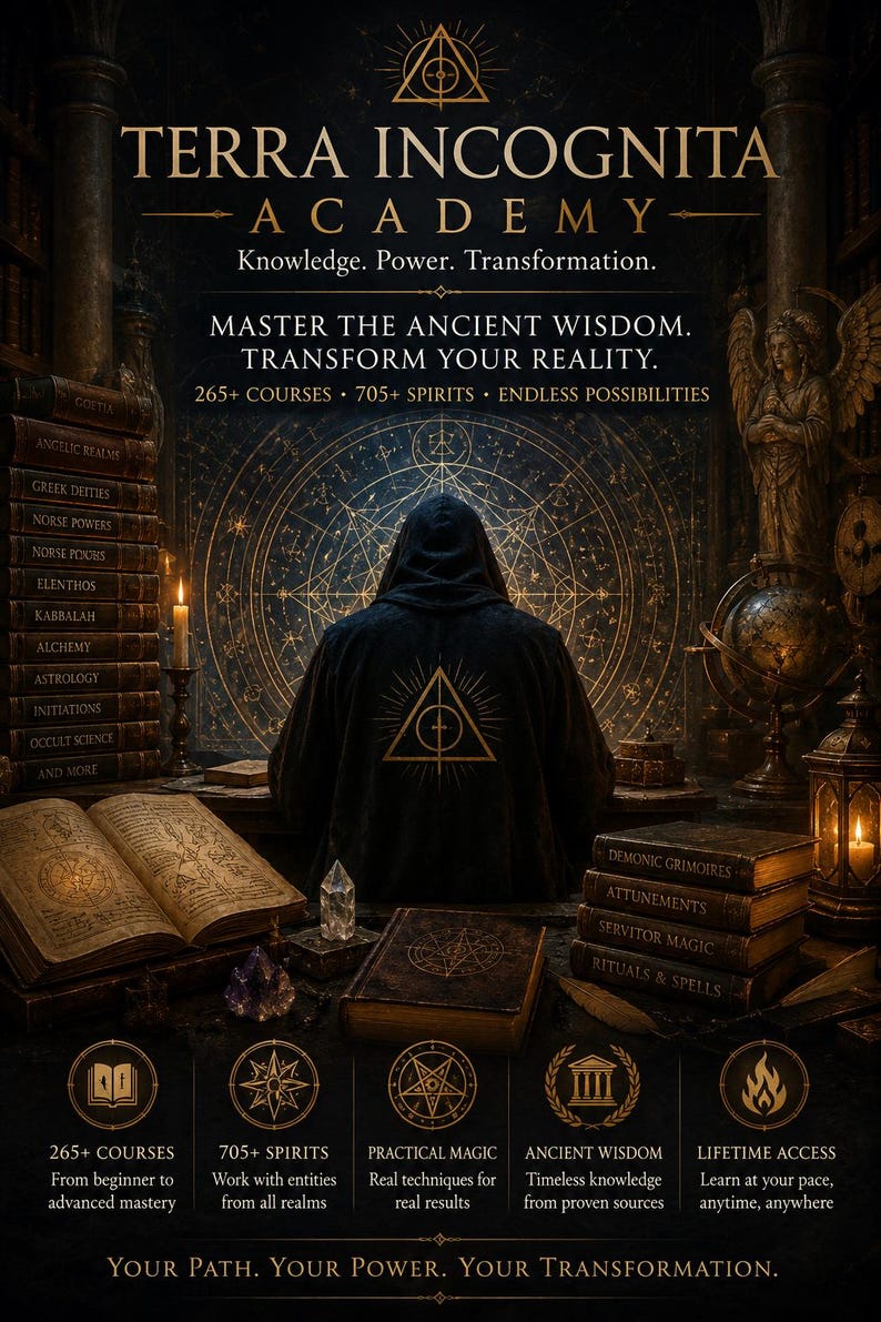 May include: A poster for Terra Incognita Academy featuring a hooded figure facing a glowing geometric wall. Text includes: Knowledge. Power. Transformation. Master the ancient wisdom. Transform your reality. 265+ courses, 705+ spirits, endless possibilities.