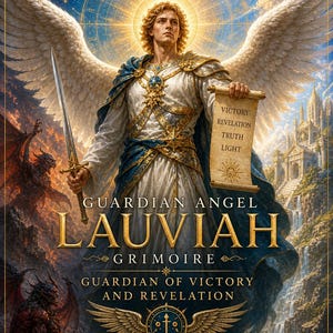 Op de afbeelding: Een boekomslag getiteld Guardian Angel Lauviah Grimoire, Guardian of Victory and Revelation door Master Teacher Rhyan Hyroc. Het toont een gevleugeld figuur in wit en goud harnas met een zwaard en een perkamentrol met de woorden Victory, Revelation, Truth, Light.