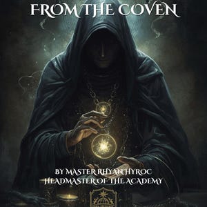 May include: An illustration of a robed figure holding glowing orbs, with the text "SECRET TEACHINGS FROM THE COVEN" at the top. Below, it reads "BY MASTER RHYAN HYROC, HEADMASTER OF THE ACADEMY" and "VOLUME I". The image has a dark, mystical theme.
