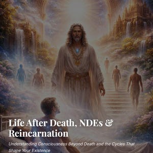 May include: A digital artwork shows a figure in white robes against a backdrop of waterfalls and a staircase leading to a celestial realm. The image features the text "Life After Death, NDEs & Reincarnation".