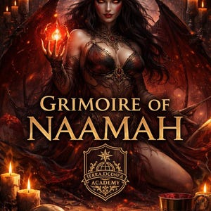 May include: Digital artwork depicting a horned woman with dark wings, holding a glowing orb. The image includes the text "Grimoire of Naamah" and a crest. The scene is set in a dark, candlelit environment, creating a fantasy theme.