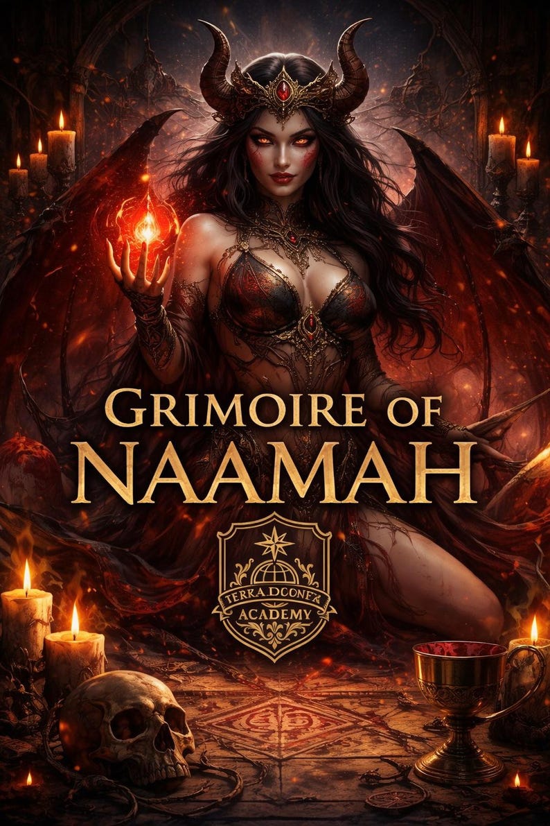 May include: Digital artwork depicting a horned woman with dark wings, holding a glowing orb. The image includes the text "Grimoire of Naamah" and a crest. The scene is set in a dark, candlelit environment, creating a fantasy theme.