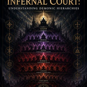 Könnte beinhalten: Buchcover mit dem Titel "Navigating the Infernal Court: Understanding Demonic Hierarchies". Das Bild zeigt eine hierarchische Struktur mit Luzifer an der Spitze, gefolgt von Fürsten, Herzögen, Marquis, Grafen und niederen Geistern. Die Grafik hat dunkle, gotische Elemente.