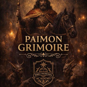 以下が含まれることがあります： 馬に乗った王冠をかぶった人物が杖を持っているデジタルアート。 「PAIMON GRIMOIRE」の文字と「TERRA INCOGNITA ACADEMY」のエンブレムが特徴的。 画像は暗く神秘的なテーマです。
