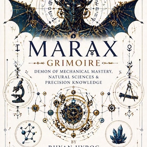May include: A book cover with the title "MARAX GRIMOIRE" featuring a detailed illustration of a horned demon with wings, gears, and scientific symbols. The text reads "Demon of Mechanical Mastery, Natural Sciences & Precision Knowledge" by Rhyan Hyroc.