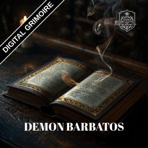 Op de afbeelding: Een open boek met goudgerande pagina's en sierlijke gouden en zwarte details. De tekst "DEMON BARBATOS" staat onderaan, met "DIGITAL GRIMOIRE" linksboven. Er stijgt rook op uit het boek en op de achtergrond brandt een kaars.