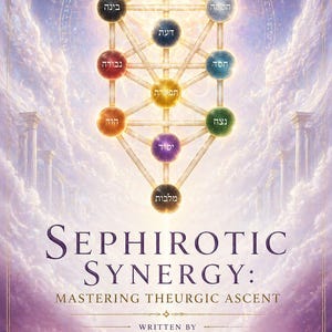 May include: A book cover titled "Sephirotic Synergy: Mastering Theurgic Ascent" by Master Rhyan Hyroc. It displays a vibrant Tree of Life diagram with Hebrew lettering, set against a backdrop of clouds and celestial elements.