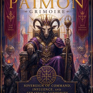 May include: A book cover featuring a goat-headed figure in regal attire, seated on a throne. The title "DEMON PAIMON GRIMOIRE" is displayed above, with additional text including "SOVEREIGN OF COMMAND, INFLUENCE, AND STRATEGIC AUTHORITY". The color palette includes purple, gold, and red.